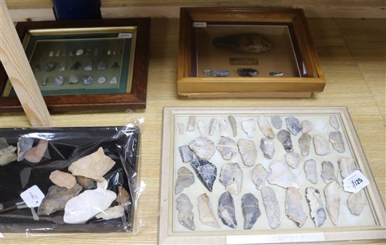 A framed display of 27 Neolithic - Bronze Age flints, Wykeham Forest, near Scarborough and three other displays,
